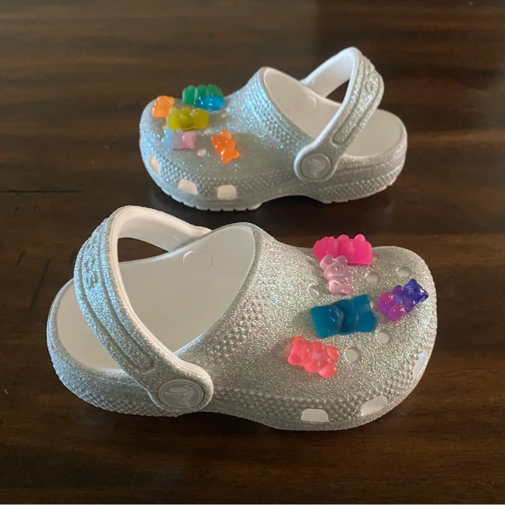 CROCS Silver Glitter Clogs with Colorful Gummy Bear Charms
